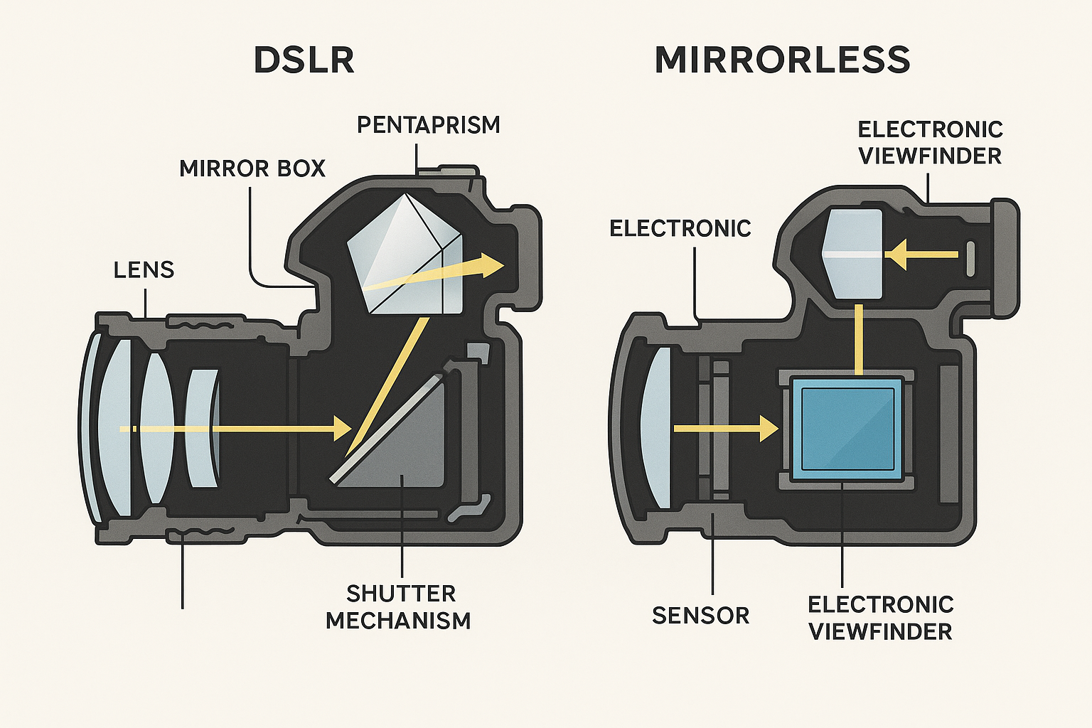 DSLR vs Mirrorless Camera Internal Architecture Comparison