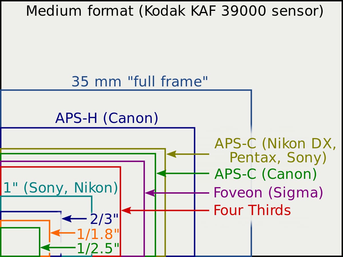Comparative sizes of various digital camera image sensor formats, from medium format down to smaller point-and-shoot sensors.